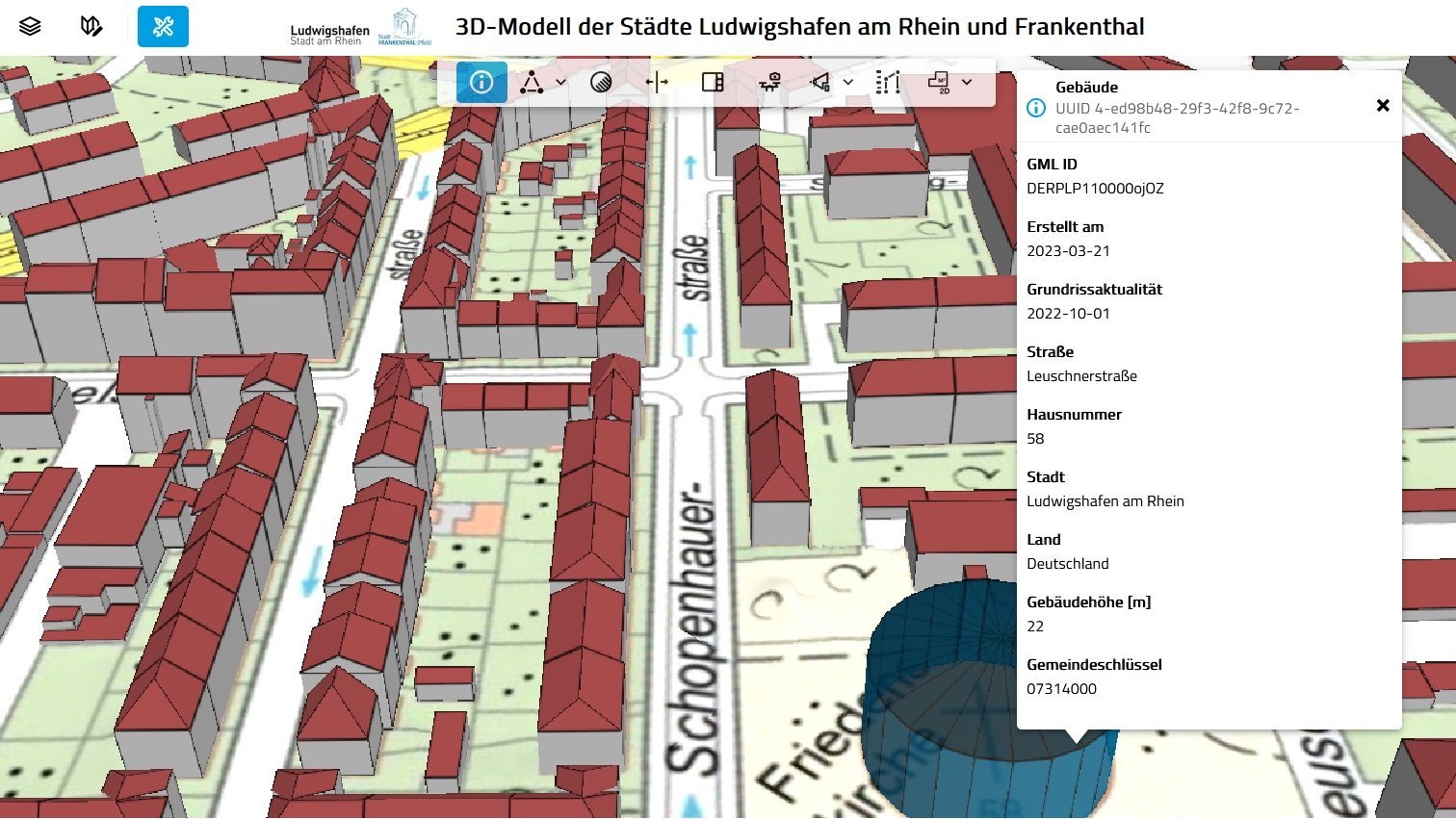 Beispielhafte Ansicht Gebäude untexturiert (incl. Gebäudeinformationen bei Klick auf Objekt)